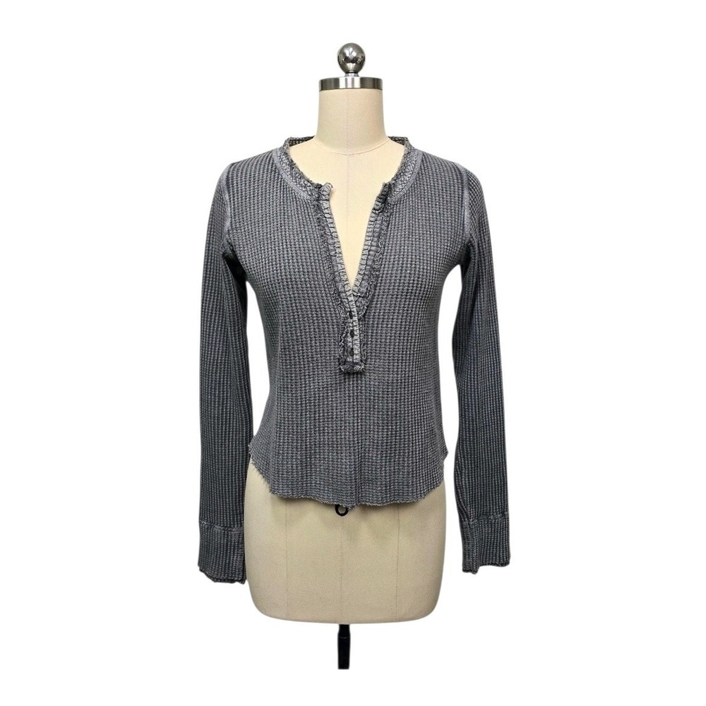 Free People Size Small Shirt Women's Colt Thermal Henley Gray Waffle Long Sleeve